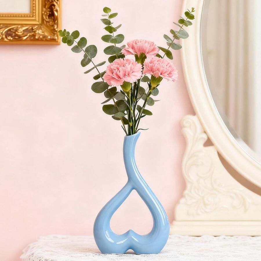 Keramische vaas lichtblauw hart vazen decoratie woonkamer moderne tulpenvaas bloemenvaas tafeldecoratie bloemenvaas voor pampasgras esthetische Scandinavische vazen huwelijkscadeau