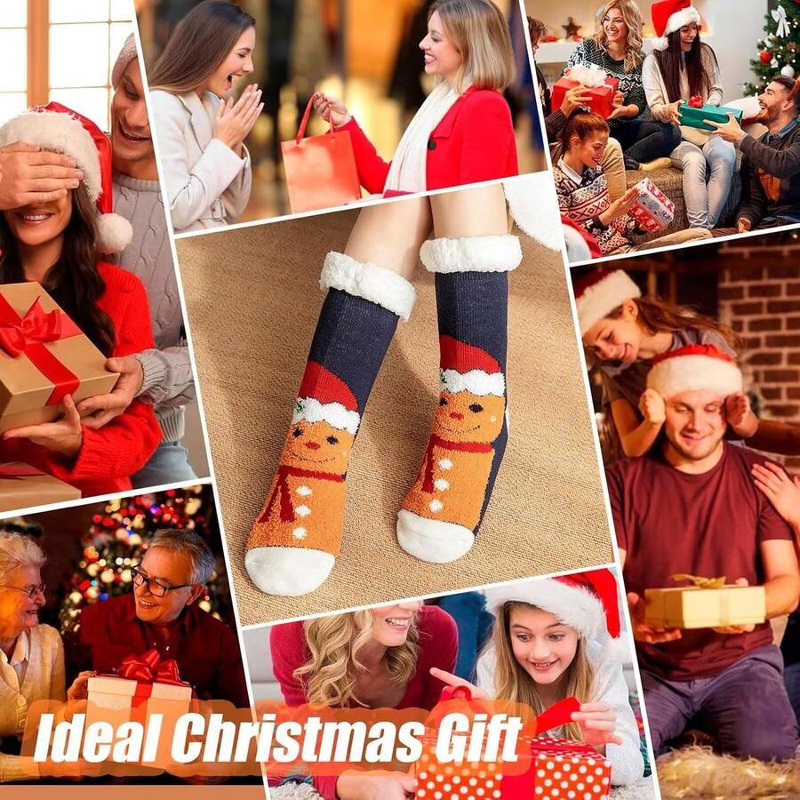Kerstslipper sokken kalf-lengte gezellige sokken unisex met anti-slip grippers fleece voering kerstgeschenken één - Foto 2