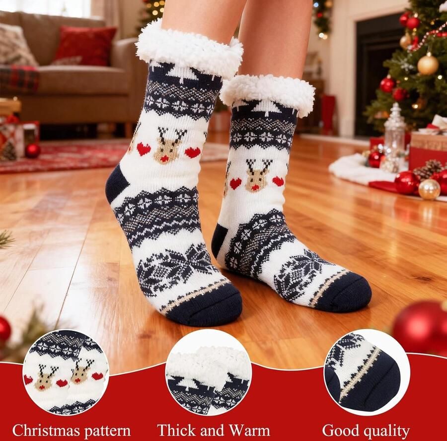 Kerstsokken pluizige knuffelsokken voor dames antislip zachte warme kerstsokken