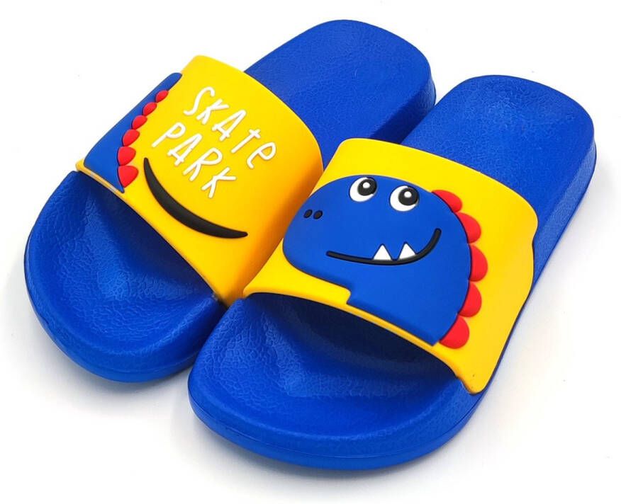 Kinder of slippers dinosaurus skate park slide blauw instapsloffen ideaal voor thuis of als strand bad slipper
