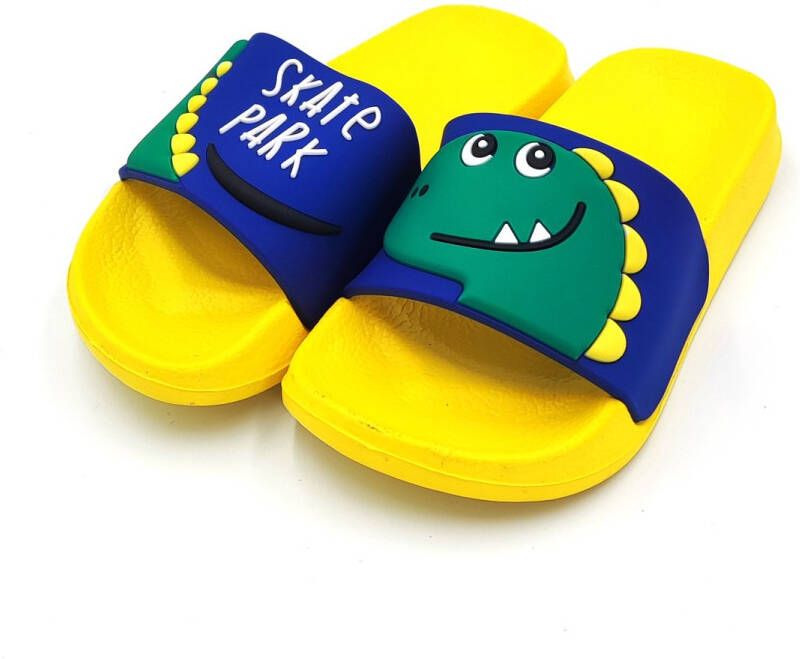 Kinder of slippers dinosaurus skate park slide geel instapsloffen ideaal voor thuis of als strand bad slipper