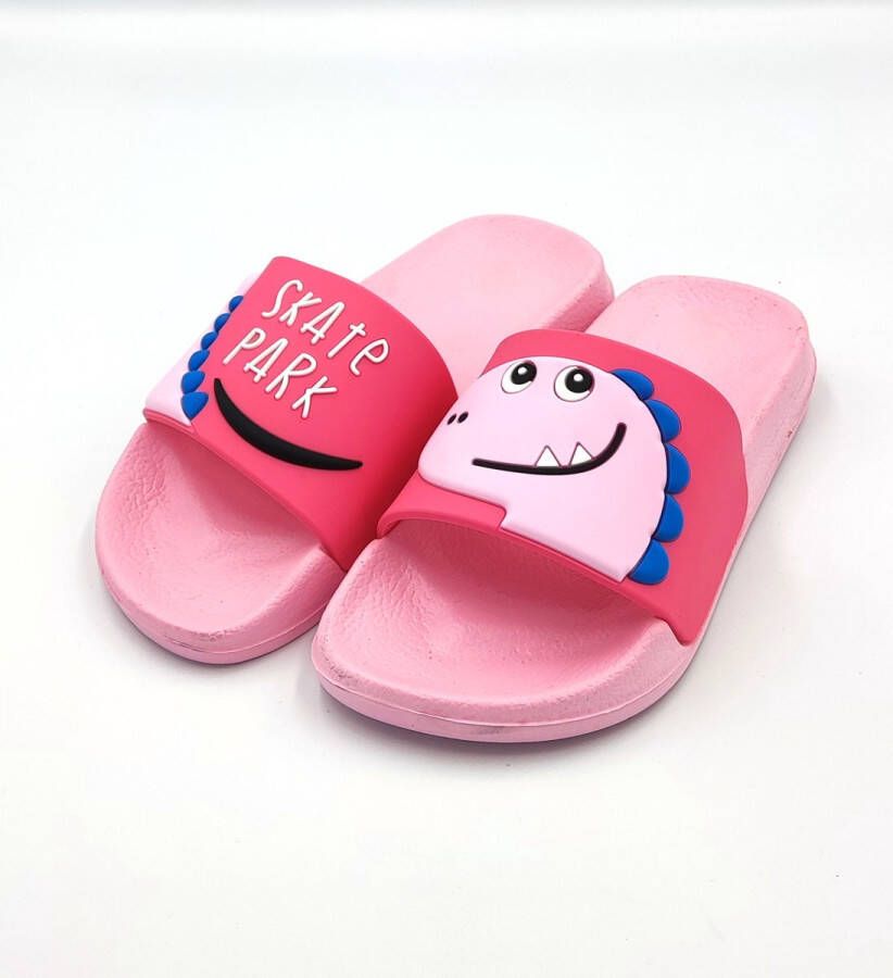 Kinder of slippers dinosaurus skate park slide roze instapsloffen ideaal voor thuis of als strand bad slipper