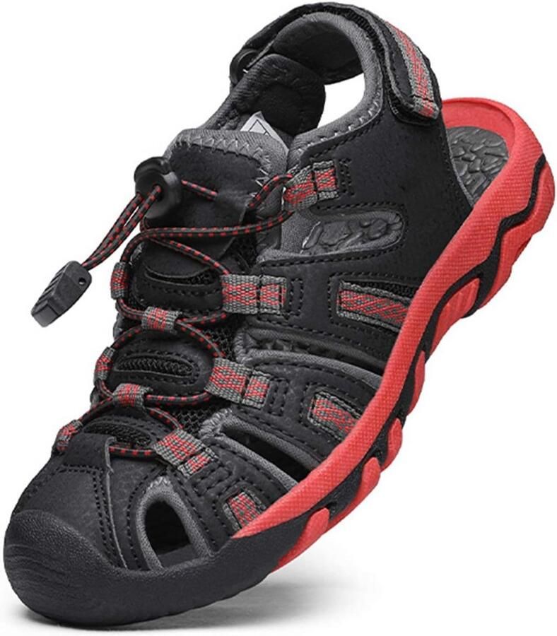 Kinder Sportsandalen Zwart Grijs Rood met Gesloten Teen en Klittenband Outdoor Zomer Schoenen