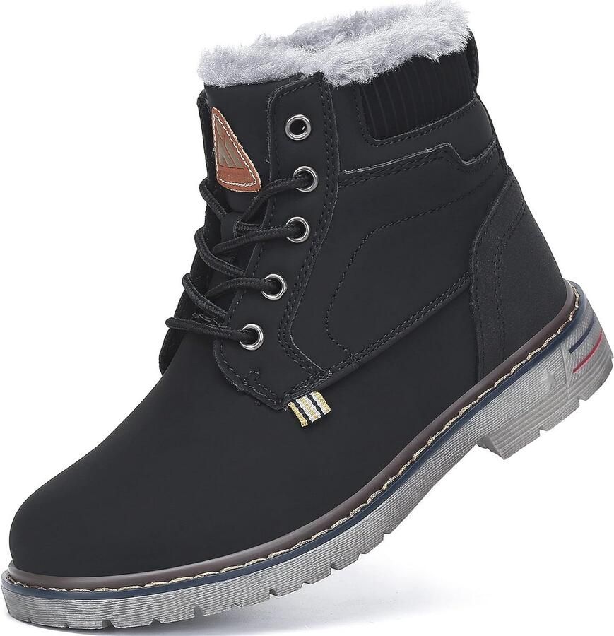 Kinderlaarzen met Veters voor en Warm Gevoerd Winterschoenen in Zwart