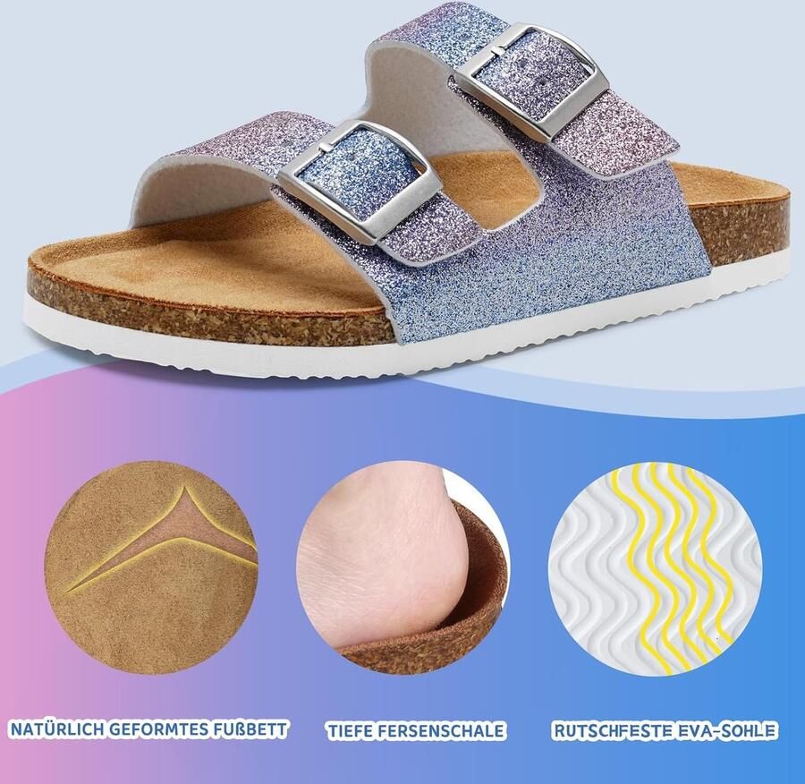 Kinderpantoffels 31 EU lila glitter kurk antislip badslippers voor binnen en buiten ShopVlot