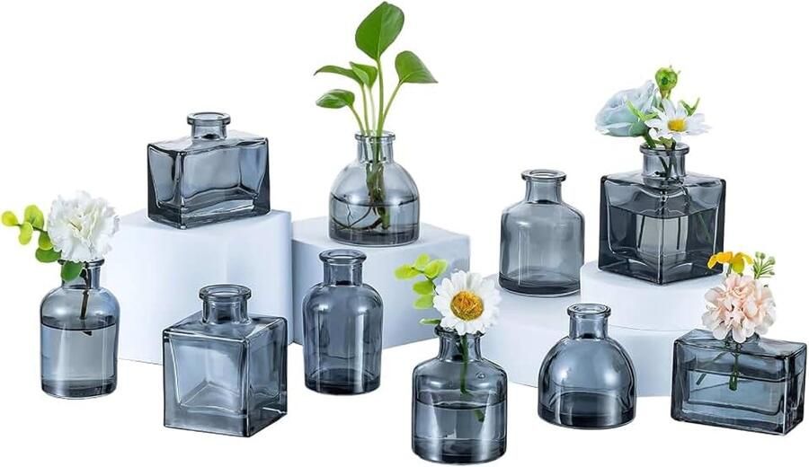 Kleine Glazen Vaas voor Bruiloft: 10 Stuks Mini Vaas Grijs Mooie Bloemenvaas Modern voor Thuis Feest Keuken Kantoor Plank Tafel Decoratie Mooie bloemenvaas modern woonkamer keuken kantoor plank bruiloft feestdecoratie