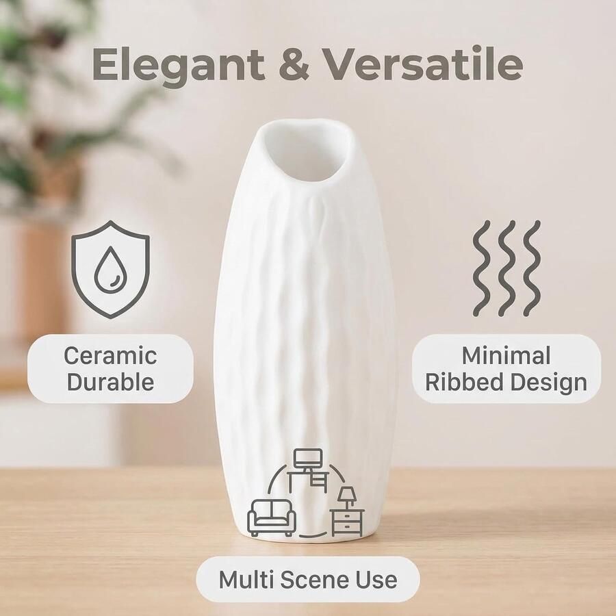 Kleine Keramische Ribbed Bud Vaazen Decoratieve Bloemen Vaas voor Minimalistische Moderne Huisdecoratie (Wit)