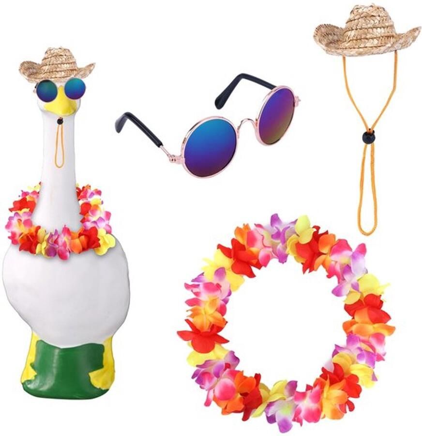 Kleurrijk zomers tuin ganzenkostuum met verstelbare hoed schattige zonnebril en Hawaiiaanse slinger ideaal voor retro cosplayfeesten en terrasdecoratie
