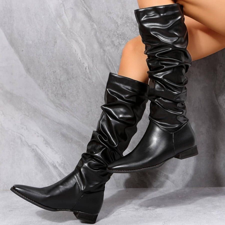 Knie Hoge Dameslaarzen met Lage Hakken en Puntige Neus Winter Enkellaarzen met Ruches UK tot 8UK