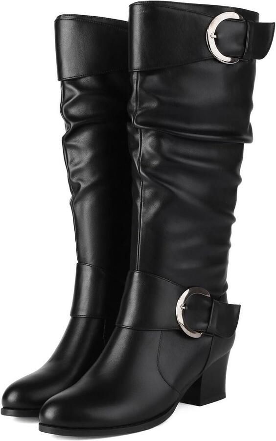 Kniehoge Laarzen Dames Brede Kuit met Blokhak en Gespdetail