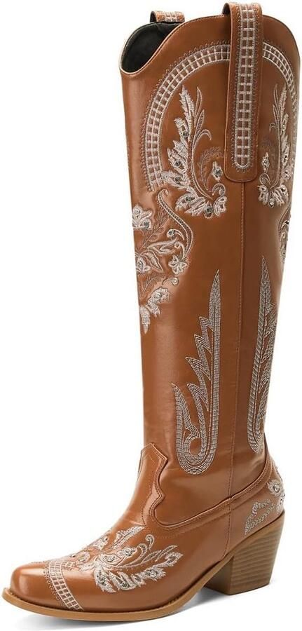 Kniehoge Western Laarzen Dames met Borduurwerk en Strass Sieraden