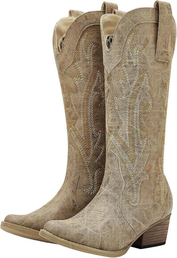 Kniehoge Westernlaarzen Dames met Borduurwerk Cowgirl Laarzen Spitse Neus