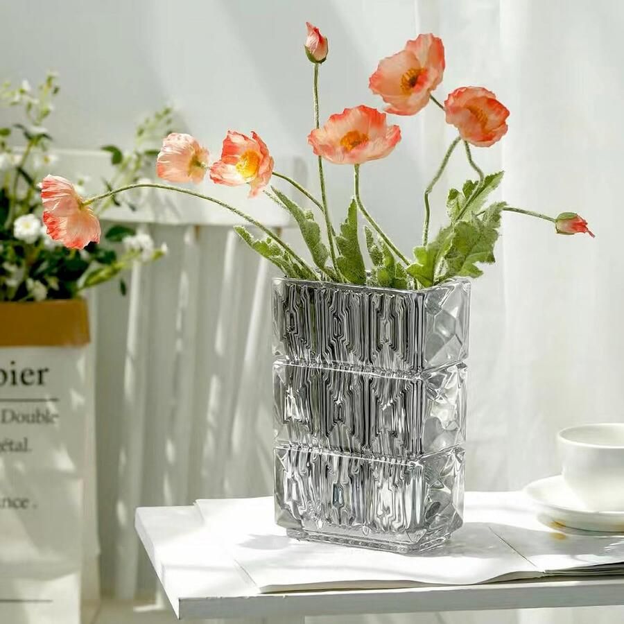 Kristalglazen vaas verdikte heldere glazen bloemenvaas grote vierkante vaas decoratieve vazen bloemen moderne boerderij middenstuk woonkamerdecoratie (grijs)