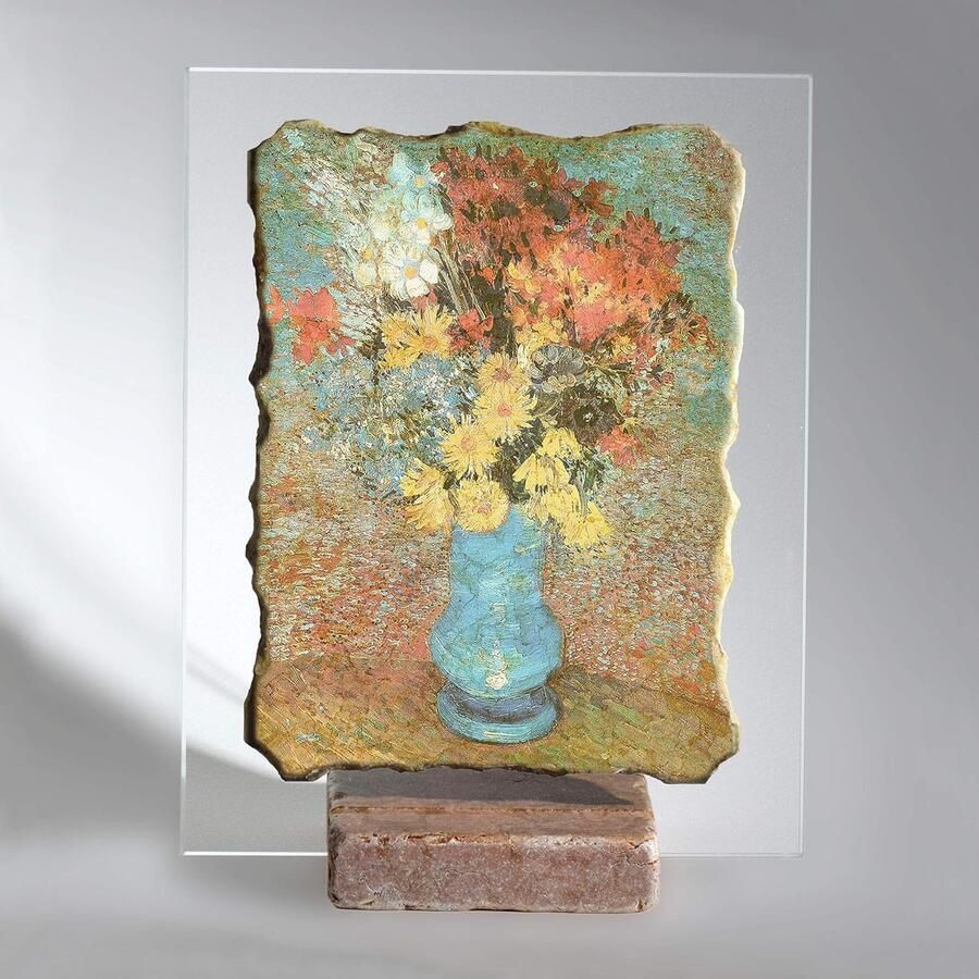 Kunst decoratief figuur 19x25x10 marmer gele reie Auteur: Vincent Van Gogh werkplaats: vaas met madeliefjes en anemonen. Materialen en ie Made in Italy