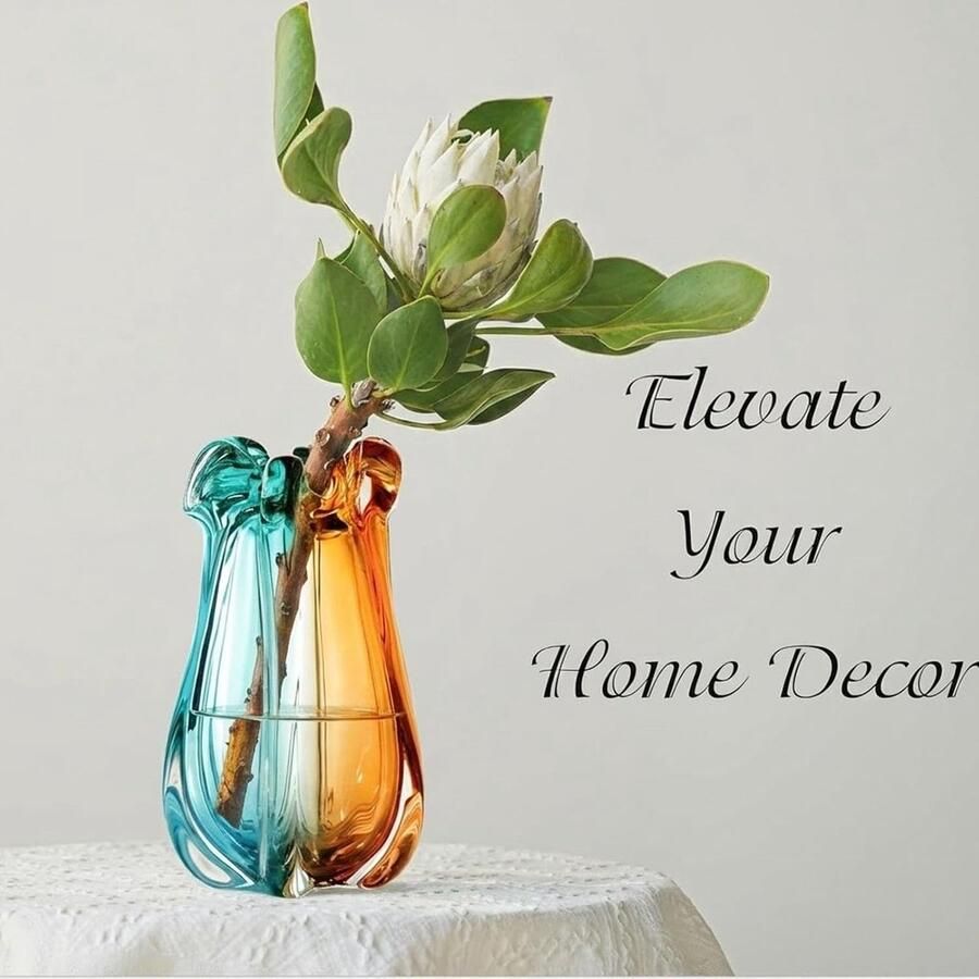 Kunst glazen vaas voor decoratie zware grote brede mond bloemenvaas art deco Murano stijl groenblauw amber woonkamer middelpunt modern boho huisaccent boekenplanken en