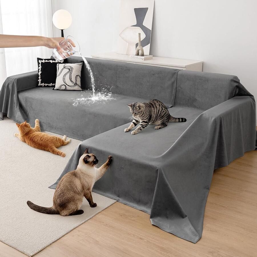 L-Vorm Bankhoes Waterdicht & Krassbestendig voor Katten Premium Fluwelen Bankbeschermer 2-Delige Set Antislip Hoekbankhoes Donkergrijs 180x260+180x