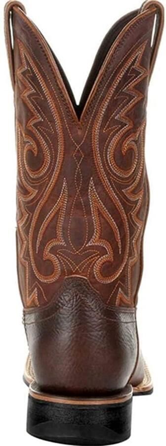 Laarzen Brede Klassieke Vintage Mid Kalf Westerse Laarzen Borduurwerk Puntneus Blok Hak Slip-On Lange Laarzen Bruin