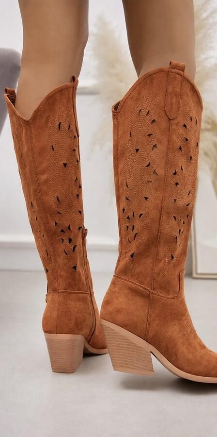 Laarzen cowboyboots imitatiesuède met uitsnedes camelkleurig - Foto 3