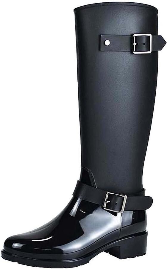 Laarzen Lange Wellies Verstelbaar Gesp Riem Kniehoge Ritssluiting Wellington Laarzen SN02006 Zwart