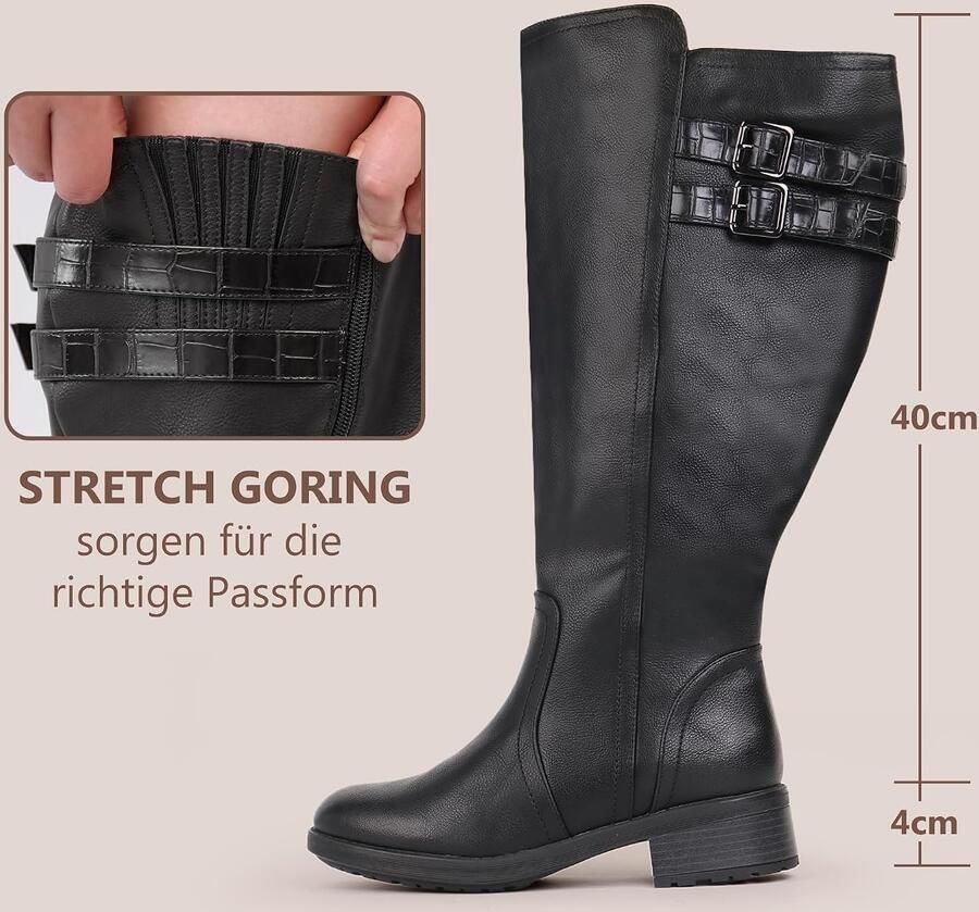 Laarzen met extra brede kuitsnede blokhak gestapelde gesp verborgen stretch kniehoog