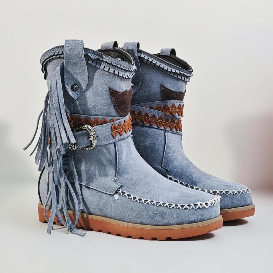 Laarzen met franjes voor dames verborgen sleehak enkellaag kwastjes strass-steentjes sprankelende glanzende stof nubuckleer comfortabele pull-on voor straat bruiloft feest