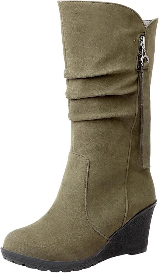 Laarzen Mid Kalf Wedge Hak Dunne Bont Gevoerd Suède Lederen Winter Schoenen