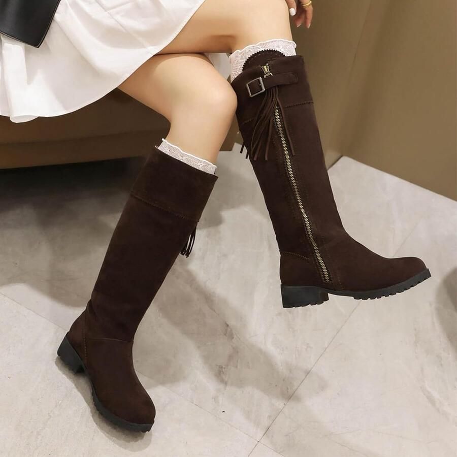 Laarzen Ronde Neus Chunky Hak Side Zip Lange Laarzen Herfst Winter Schoenen