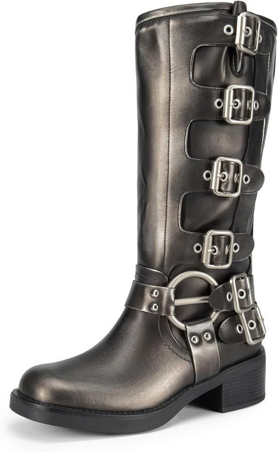Laarzen Slip On Motorlaarzen Vierkante Teen Chunky Hak Mode Gespen Biker Laarzen