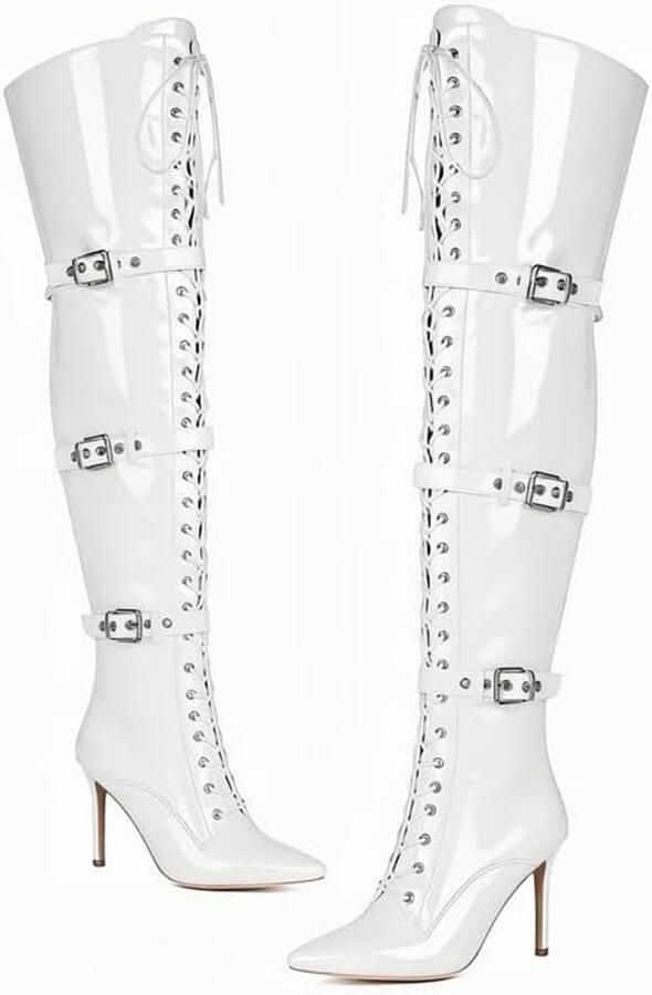 Laarzen stiletto veterlaarzen motorfiets overknees met riemen gespen ritssluiting