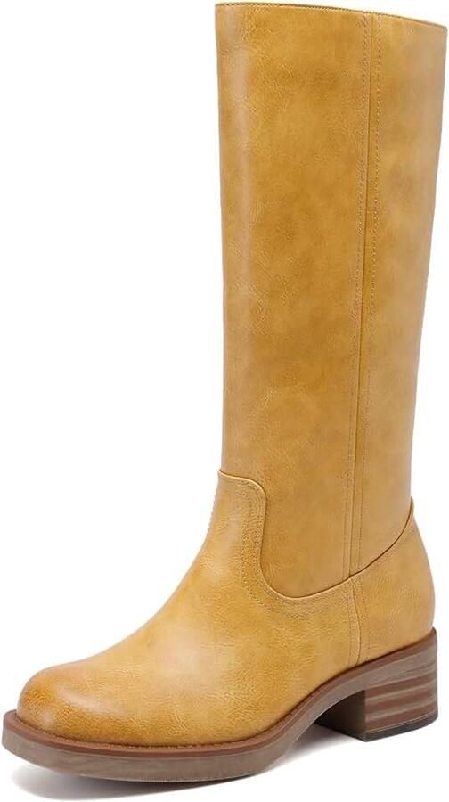 Laarzen Vierkante Teen Platform Chunky Blok Hak Banaan Campus Laarzen voor Vrouwen Comfortabele Lage Hak Side Rits Womens Rijden Hoge Laarzen