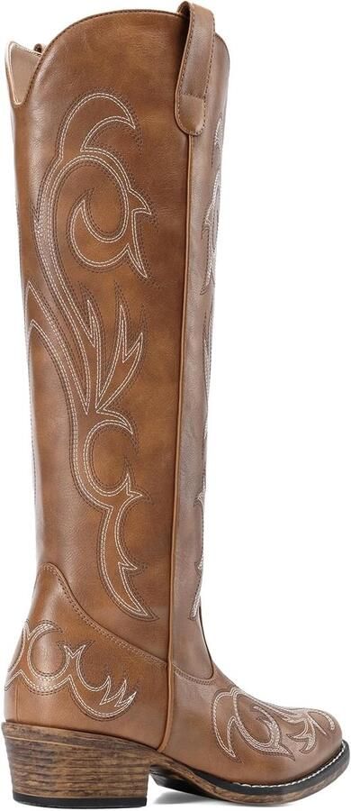 Laarzen voor dames comfortabele cowgirl-kniehoge laarzen trekken aan de zijkant met ritssluiting en dikke hak geborduurde westernlaarzen
