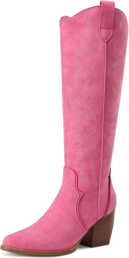 Laarzen voor dames Comfortabele dikke blokhak Puntige neus Rits aan de zijkant Slouchy suède rijlaarzen Klassieke western kniehoge laarzen met dikke hak spitse neus en stijlvol borduurwerk de hele dag comfort met ritssluiting