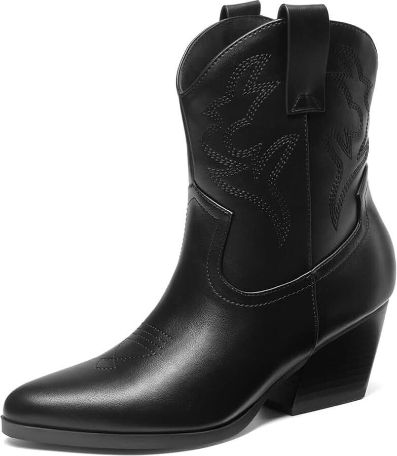 Laarzen voor dames cowboylaarzen geborduurd gestikt korte westernlaarzen lage dikke hak puntige neus enkellaarsjes