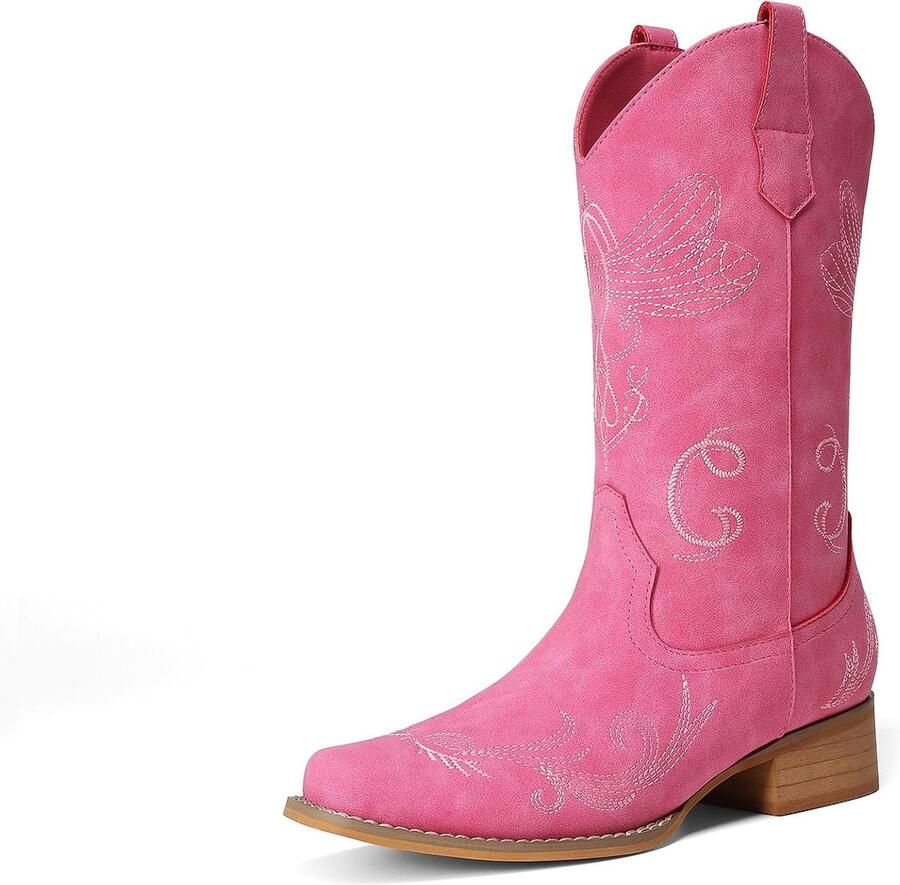 Laarzen voor dames halfhoge cowgirllaarzen borduurwerk gestikte vierkante neus westernlaarzen