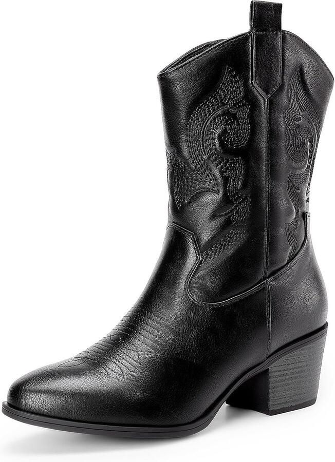 Laarzen voor dames halfhoge cowgirllaarzen met borduurwerk ronde neus westerse dikke lage hak schoenen Cowboylaarzen voor dames halve kuit ronde neus hak modieus comfortabel