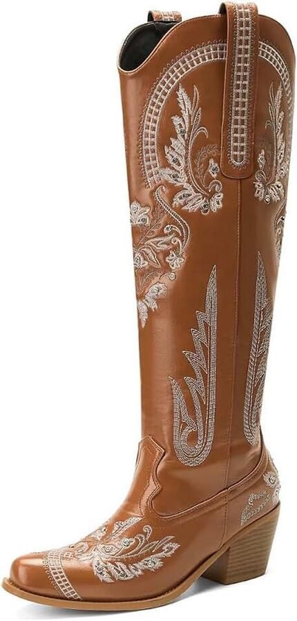 Laarzen voor dames kniehoge snittoe cowgirl westernlaarzen met borduurwerk strass-versieringen
