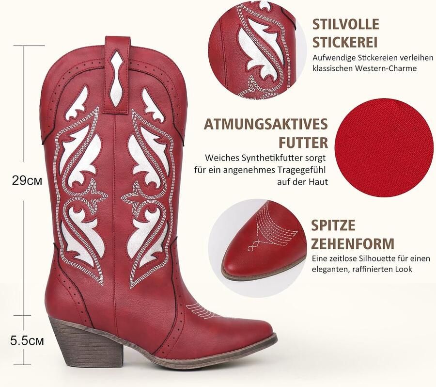 Laarzen voor dames met borduurwerk middelhoge enkel spitse teen dikke vierkante hak en klassieke slip-on stijl )