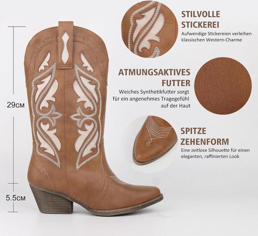 Laarzen voor dames met borduurwerk middelhoge enkel spitse teen dikke vierkante hak en klassieke slip-on stijl )