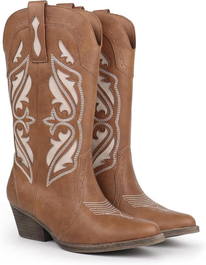 Laarzen voor dames met borduurwerk middelhoge enkel spitse teen dikke vierkante hak en klassieke slip-on stijl )