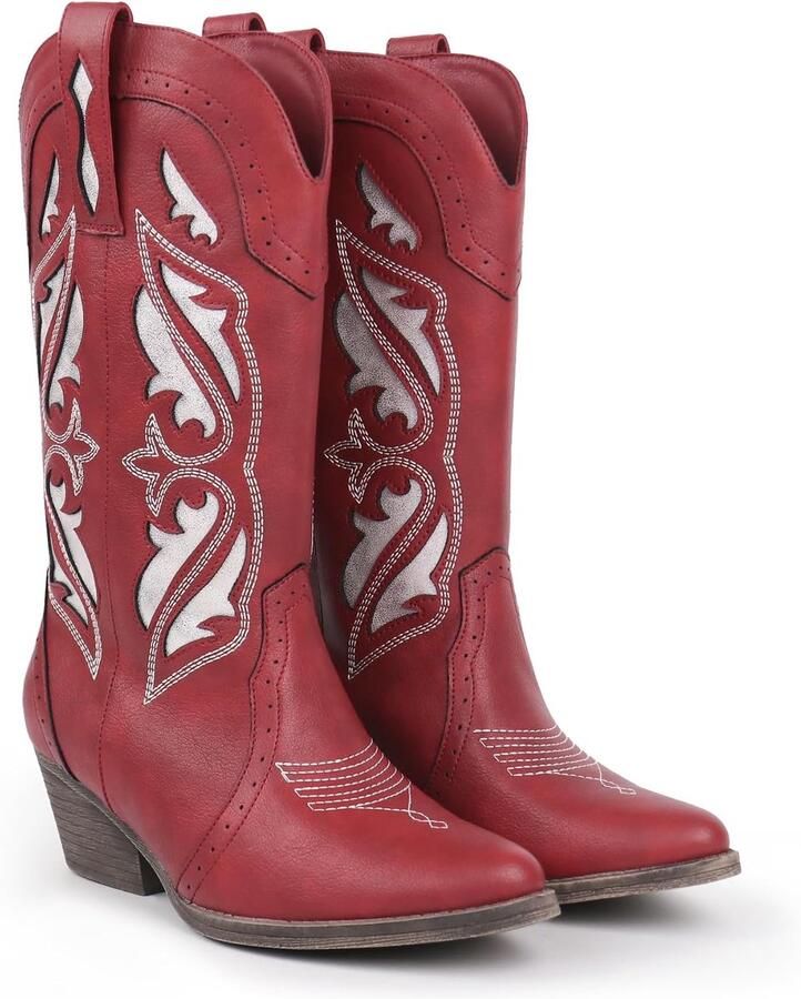 Laarzen voor dames met borduurwerk middelhoge enkel spitse teen dikke vierkante hak en klassieke slip-on stijl )