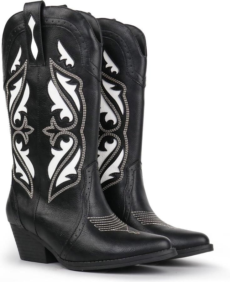 Laarzen voor dames met borduurwerk middelhoge enkel spitse teen dikke vierkante hak en klassieke slip-on stijl )