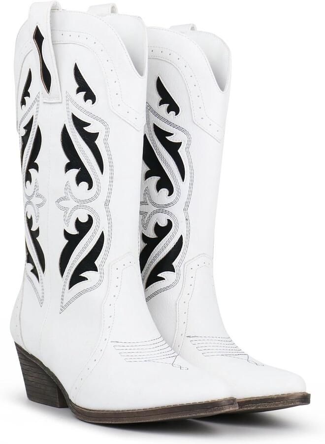 Laarzen voor dames met borduurwerk middelhoge enkel spitse teen dikke vierkante hak en klassieke slip-on stijl )