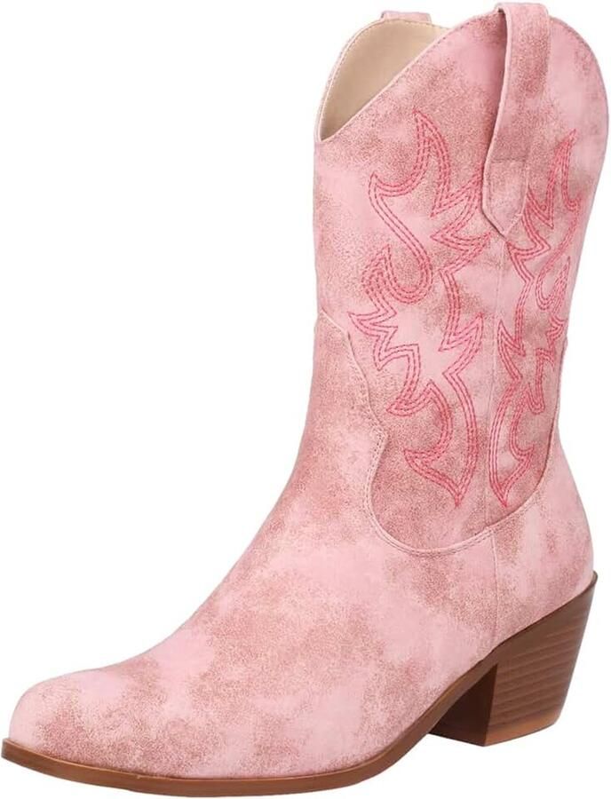 Laarzen voor Dames Westernlaarzen Midden Kalf Geborduurd Cowgirl Schoenen