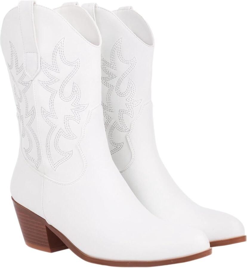 Laarzen voor Dames Westernlaarzen Midden Kalf Geborduurd Cowgirl Schoenen