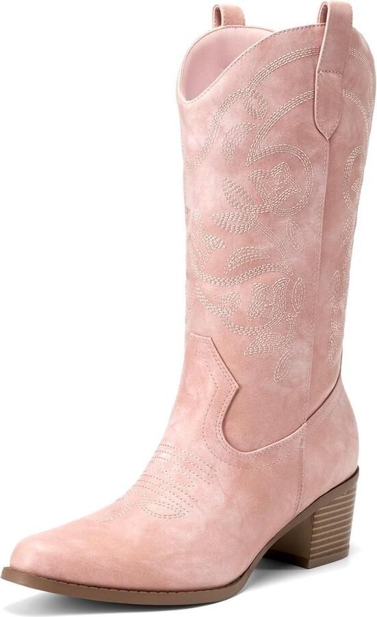 Laarzen voor vrouwen cowgirl-westernlaarzen mode borduurwerk gestikte dikke hak halfhoge kuitlaarzen Cowboylaarzen voor dames halve kuit vierkante punt hak modieus comfortabel