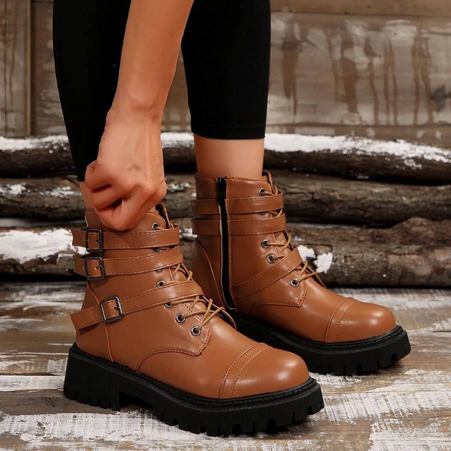 Laarzen voor Vrouwen Enkellaarzen Dames Werklaarzen Side Rits Combat Walking Boots Womens Zwarte Veterlaarzen Platform Lederen Booties Lichtbruin