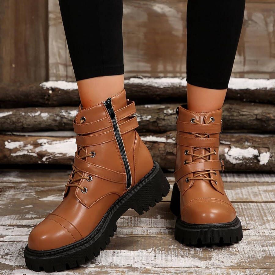 Laarzen voor Vrouwen Enkellaarzen Dames Werklaarzen Zwarte Veterlaarzen Platform Lederen Booties met zijrits Combat Walking Boots