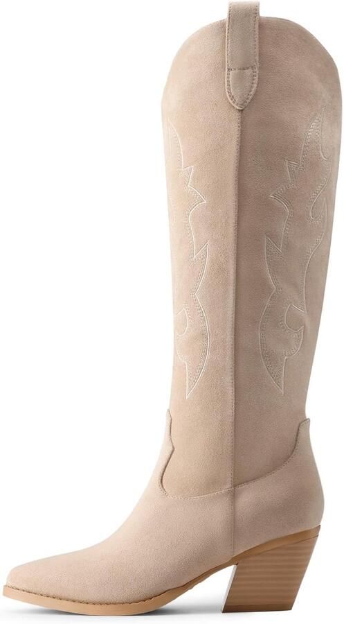Laarzen Vrouwen Knie Hoge Cowboy Laarzen Puntneus Chunky Blok Hak Suede Tall Western Laarzen met Geborduurd
