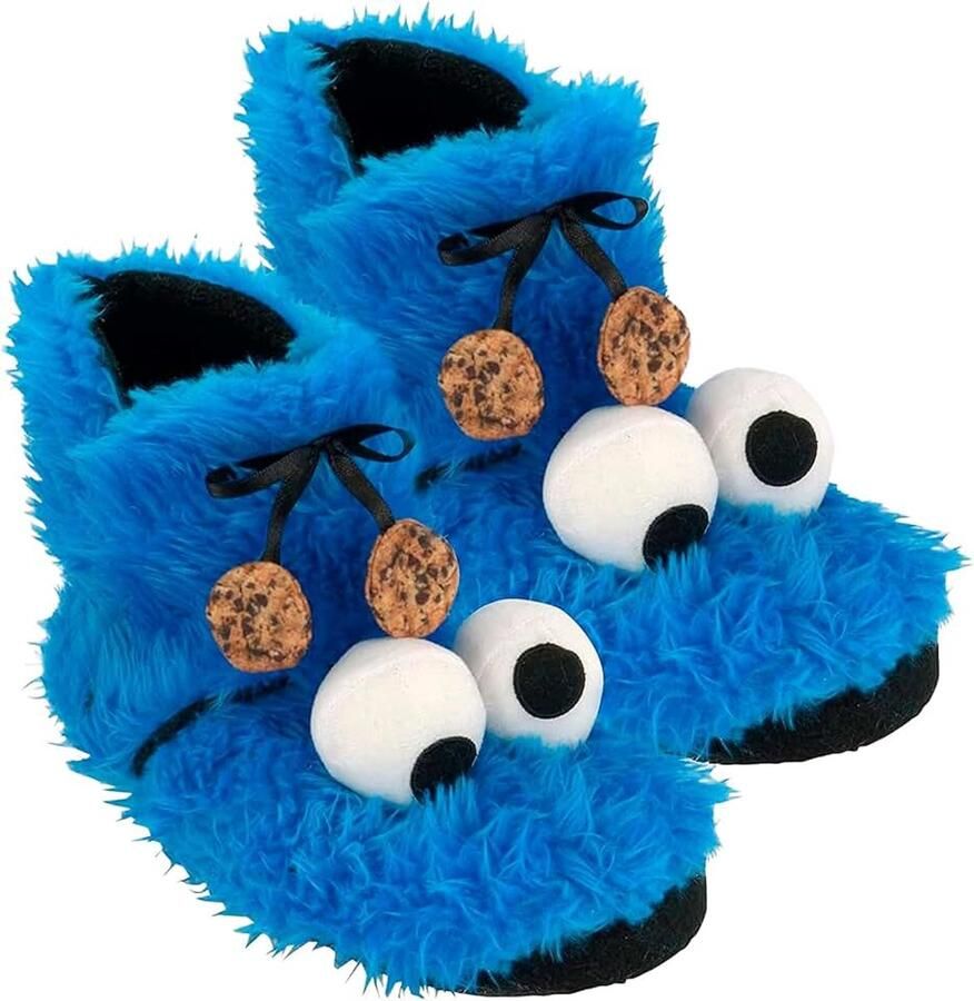 Labels Sesamstraat 3D pantoffels pluche cookie monster blauw pantoffels met bont en anti-slip noppen huislaarzen blauw 43 44