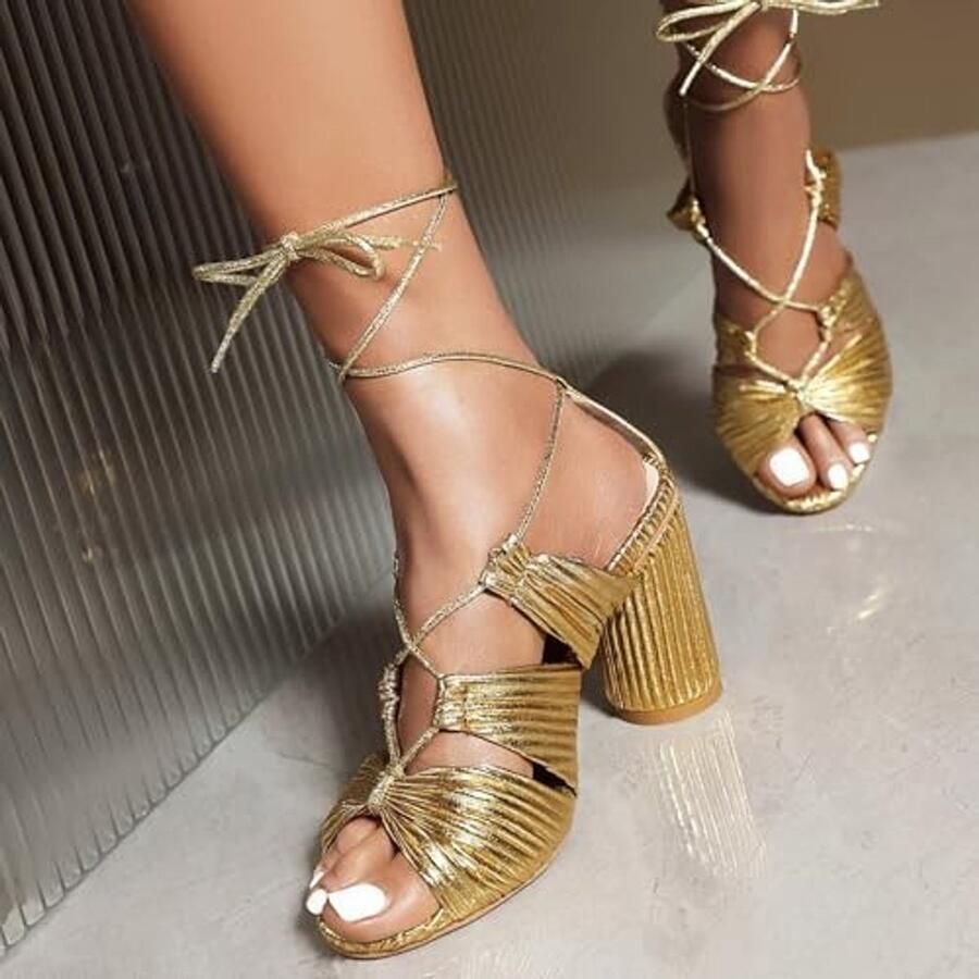 Lace-Up Blokhak Sandalen Goud